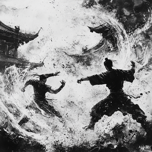 Epic Kung Fu Battle in Chinese Ink Painting Style