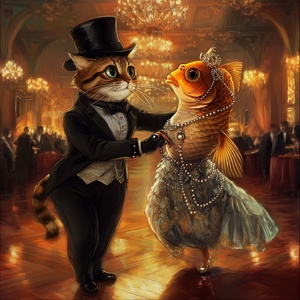 A digital painting of a male cat wearing a top hat and eye monocle, slow dancing with a female goldfish wearing pearls and earrings, ballroom setting, wooden dance floor, chandeliers, soft romantic lighting, reflections on the floor, vibrant colors, intricate details in clothing, whimsical atmosphere, romantic aura, high-definition, glibatree prompt, inspired by Victorian era, realistic textures, fine art quality