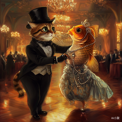 Male Cat in Top Hat Dances with Goldfish in a Victorian Ballroom