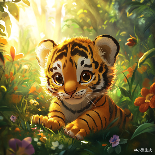 阳光下的小老虎幼崽在热带森林中玩耍