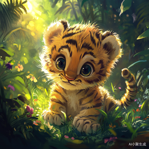 阳光下的小老虎幼崽在热带森林中玩耍