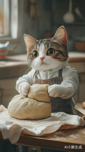 猫咪穿围裙在厨房揉面
