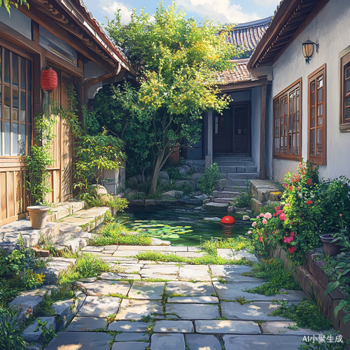 细腻夏日插画描绘绿草地和清河水的小院