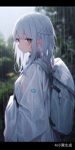 淡蓝色头发少女雨中独自凝望的夏日侧影