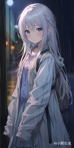淡蓝色头发少女雨中独自凝望的夏日侧影