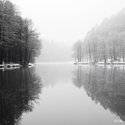 Winter Woods and Lake in Black and White Misty Atmosphere