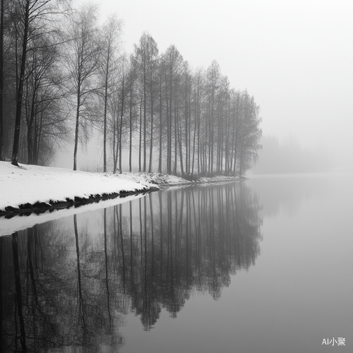 Winter Woods and Lake in Black and White Misty Atmosphere