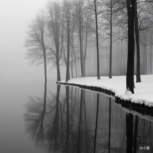 Winter Woods and Lake in Black and White Misty Atmosphere