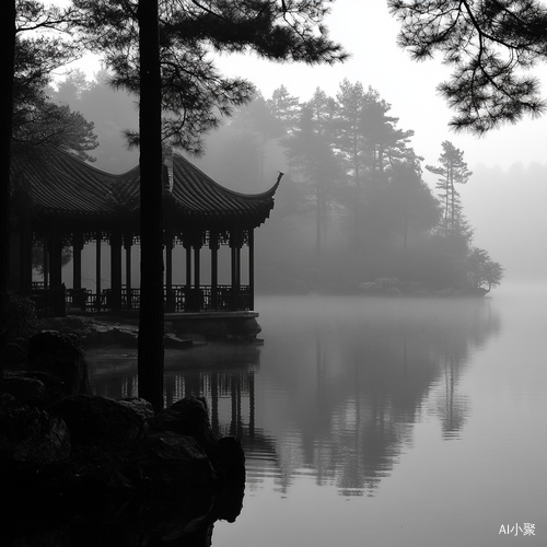 Winter Woods and Lake in Black and White Misty Atmosphere