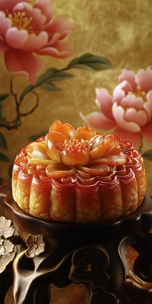 A Chinese mooncake on a 【peony-adorned】, featuring translucent elements, nature-inspired Art Nouveau style influenced by ancient Chinese art, Close-up, realistic, and luminous with a harmonious color scheme, –ar 3:4 –s 550 –v 6.1 –p a1wwab6