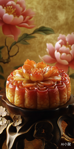 Chinese Mooncake with Peony Design in Nature Inspired Art Nouveau Style