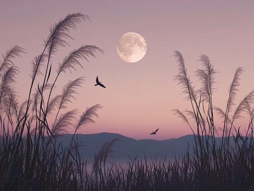 At dusk, the moon is on a tall willow head, and two birds fly by in the distance, CG rendering, real scenery, 16K, super high resolution, super high definition v 5.2