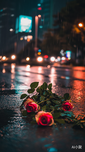 城市夜雨下的孤独玫瑰与伤感氛围