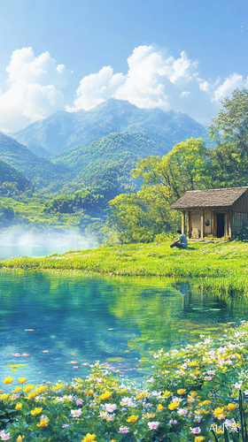 清澈湖面与草地鲜花相伴的宁静场景