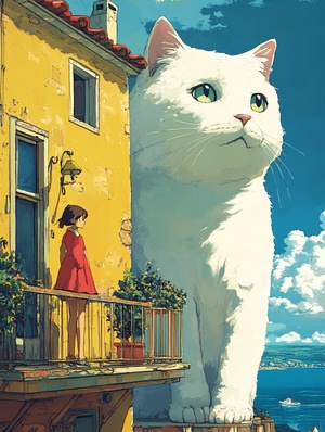 Agirl in red is standing on the balconytouching a big cat. The yellow building and the whitegiant cat are standing by the seaside, with white clouds drifting in the distance. Standing upstairs, the colors arebright and Miyazaki Hayao's art style is vivid,