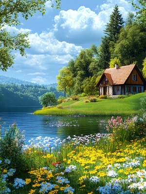 In spring, there is a beautiful view of cottages, green grass and flowers near the river; The forest beauty of blue sky and white clouds; Realistic country house scenes in the countryside; Bright colors, tone, light and shadow, high-definition photography, with ultra-high resolution, high detail, super quality, high definition.