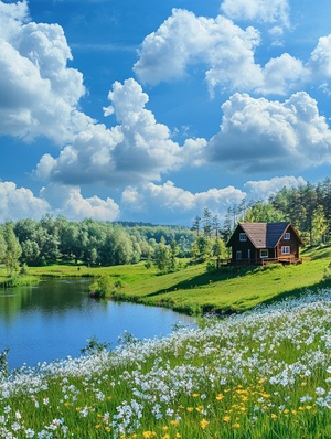 In spring, there is a beautiful view of cottages, green grass and flowers near the river; The forest beauty of blue sky and white clouds; Realistic country house scenes in the countryside; Bright colors, tone, light and shadow, high-definition photography, with ultra-high resolution, high detail, super quality, high definition.