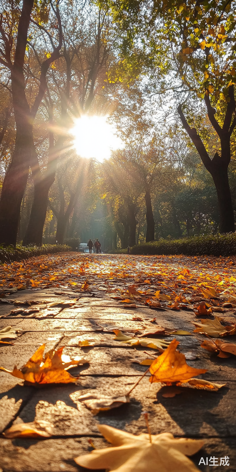 阳光穿透树林映照公路上的行人和车辆