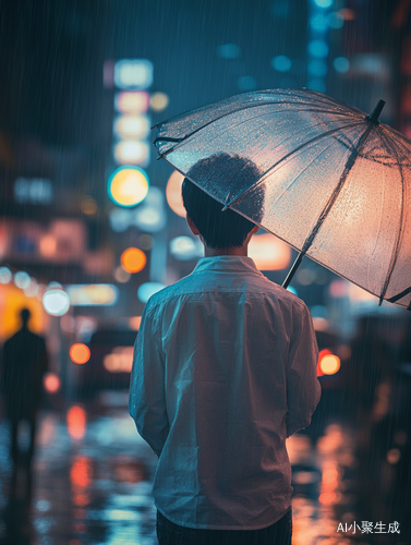 雨夜城市中白衬衣男生的伤感背影