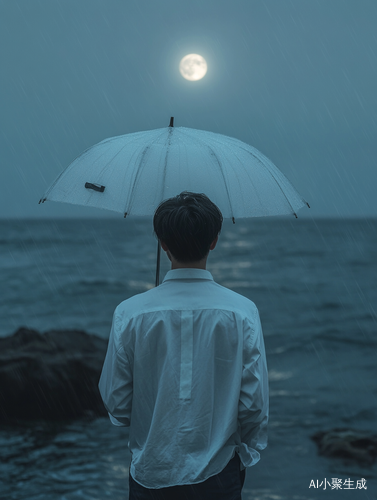夜晚海边年轻男子的伤感背影