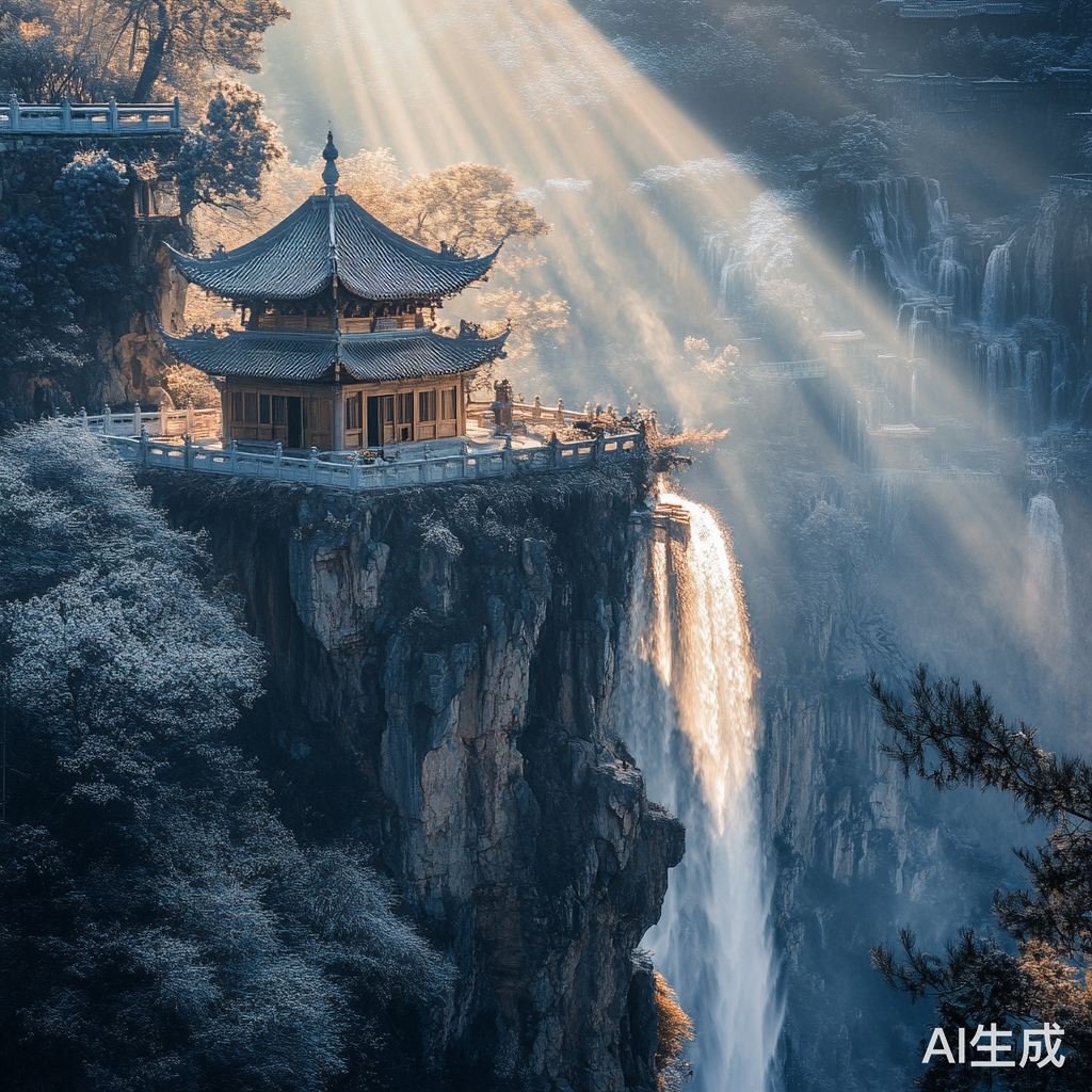 香炉峰阳光下瀑布如绢绸悬挂山前