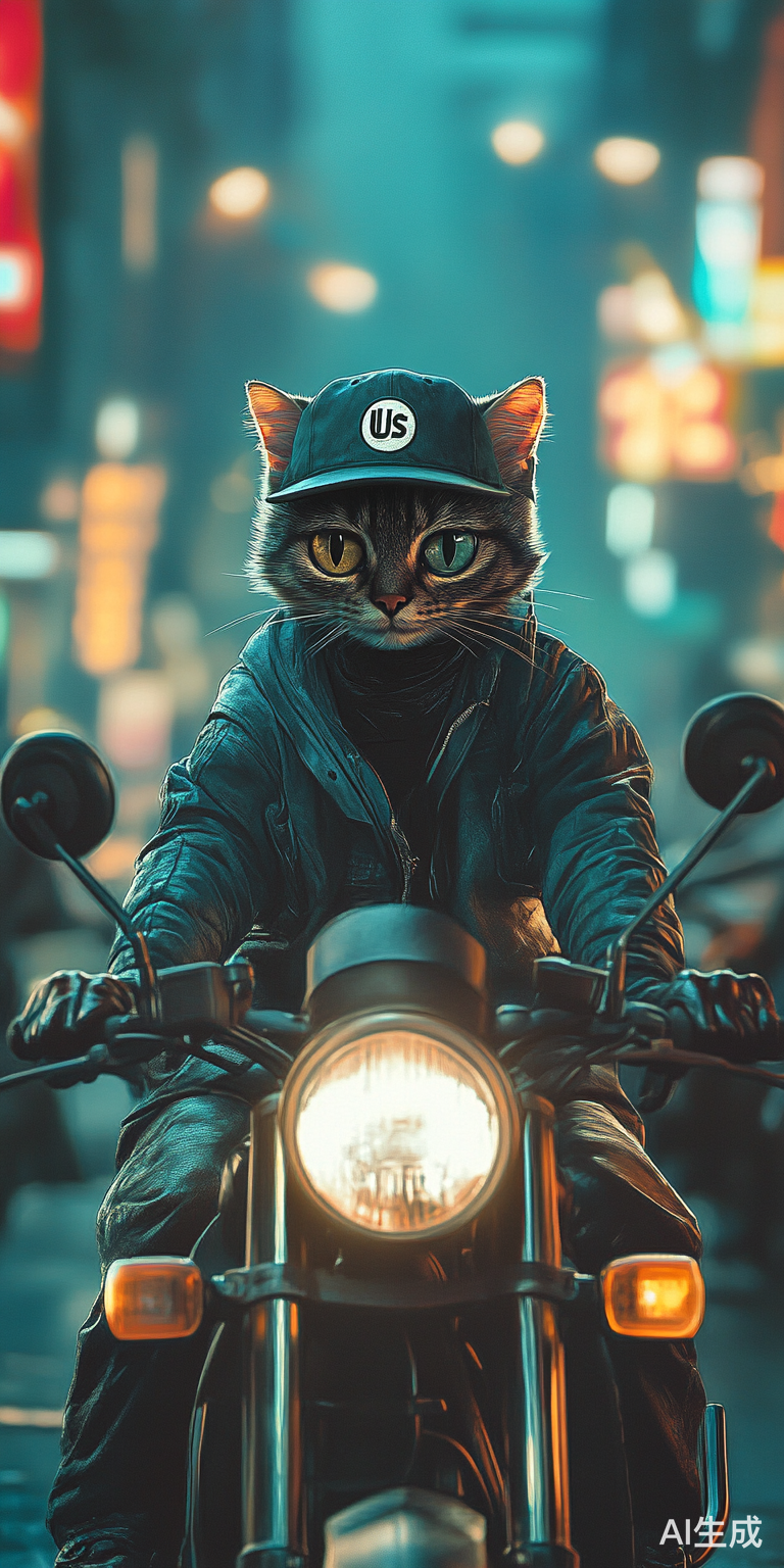 摩托车上的外卖猫在街道中穿梭