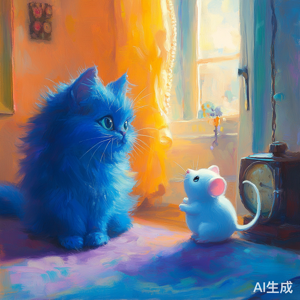 色彩鲜艳房间中蓝猫玩米白小老鼠布偶