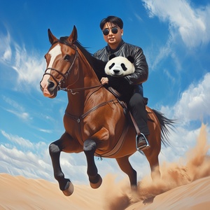 骑马驰骋沙漠的蓝天白云下与大熊猫共舞