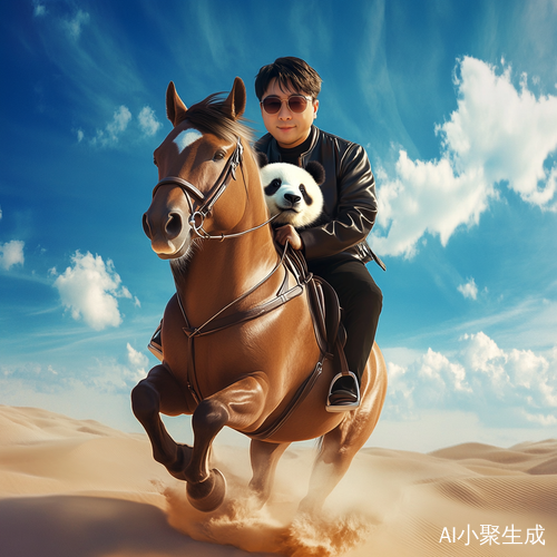 骑马驰骋沙漠的蓝天白云下与大熊猫共舞