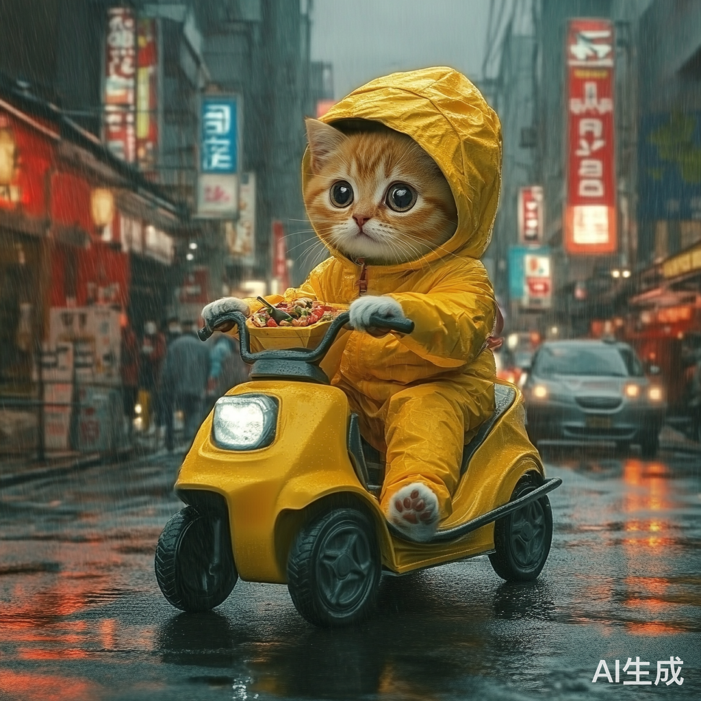 小猫骑电动车送外卖穿着黄色外卖服