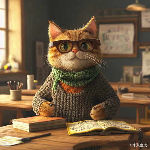 明亮教室里的高大猫咪老师