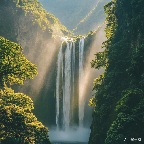 雄伟山前壮观瀑布梦幻景象高清摄影