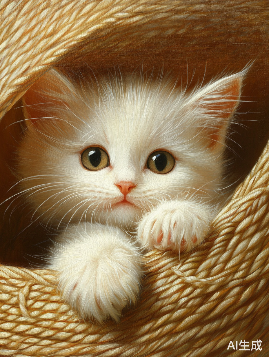 白色小猫咪可爱躺在大草帽凹槽里