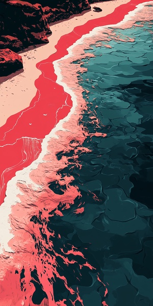 Tsunami Obscured Red Beach in Isometric Minimalist Art