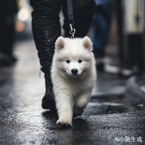 白色比熊小狗被主人牵着在街上散步