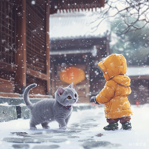 寒冷冬天小灰猫和小主人雪地嬉戏