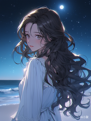 Gakuen Anime Style Beautiful Girl in Starry Beach Night