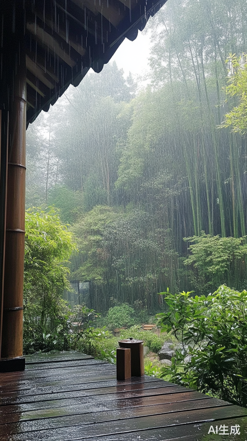雨天小木屋竹林中喝茶的治愈自然景色