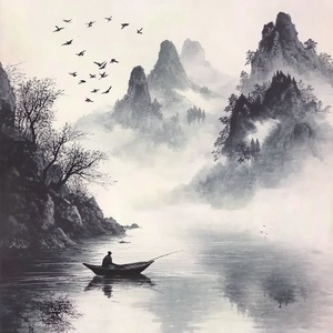 用中国画山水画的技法，画一幅画，在广阔的江面上，有一片孤舟，有一个老翁在垂钓。千山鸟飞绝，万径人踪灭。孤舟蓑笠翁，独钓寒江雪。