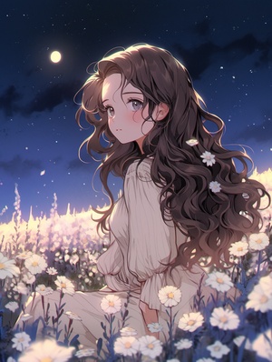 In Gakuen anime style, A beautiful girl with long brown curly hair, black eyes, white striped dress, starry sky, moon, flower field, seven-split lens, Morandi color system, soft light