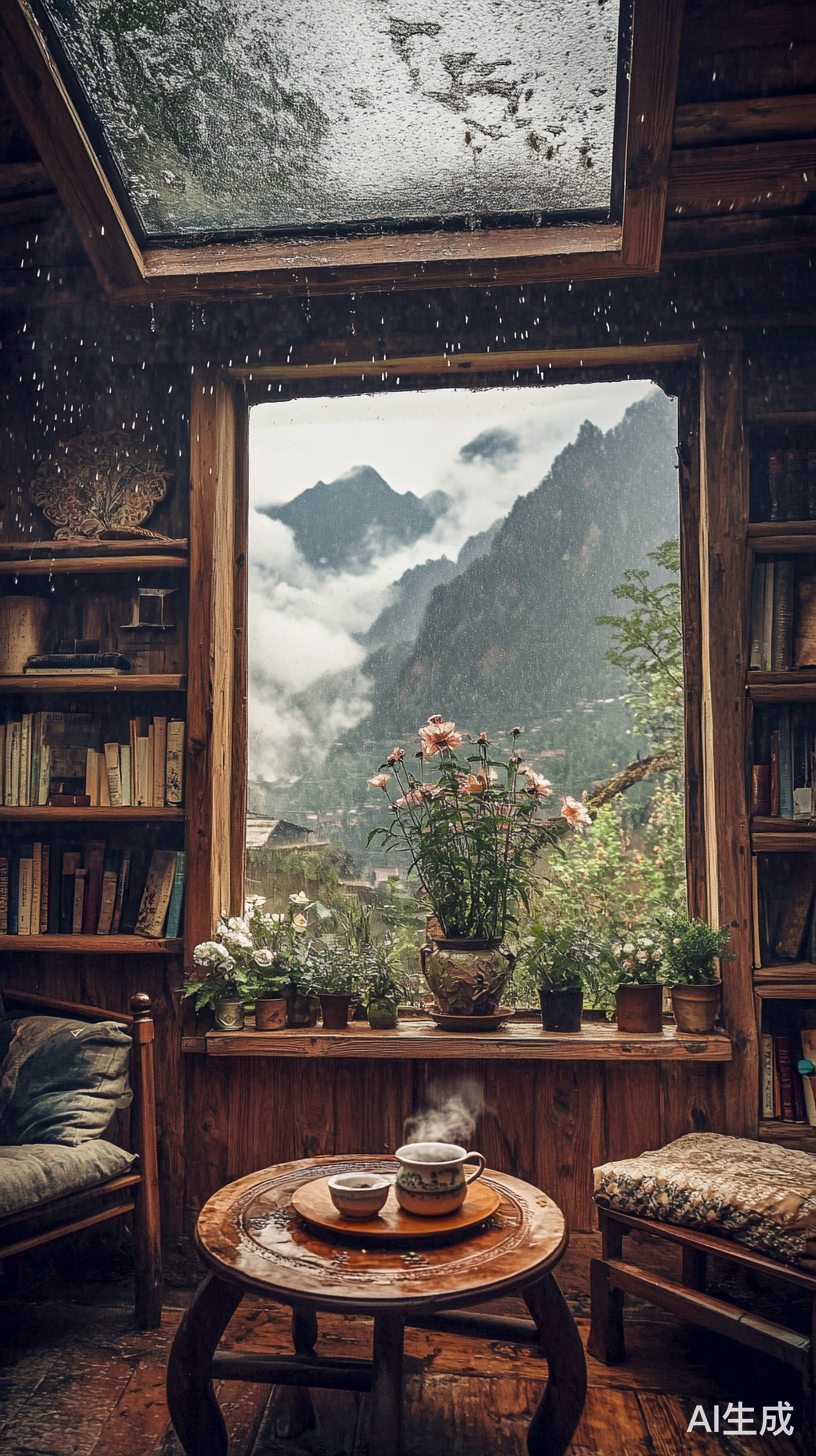 古风小木屋的温馨雨天与自然风景