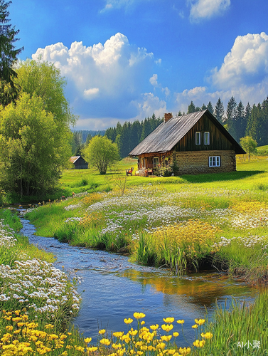 春天乡村河边小屋与森林的真实美景