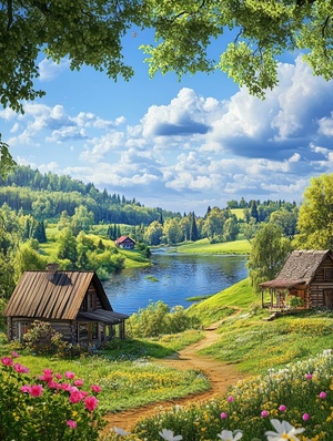 In spring, there is a beautiful view of cottages, green grass and flowers near the river; The forest beauty of blue sky and white clouds; Realistic country house scenes in the countryside; Bright colors, tone, light and shadow, high-definition photography, with ultra-high resolution, high detail, super quality, high definition.