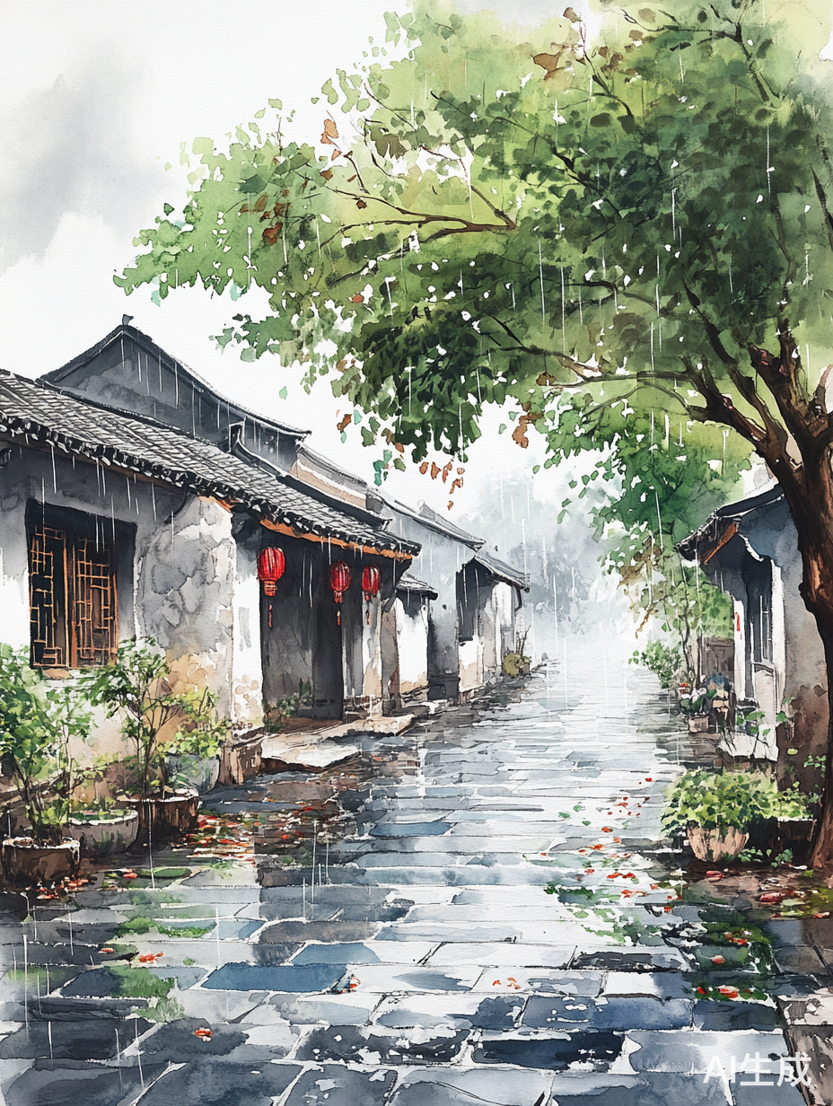 宁静江南小镇雨水洗刷的青石板路