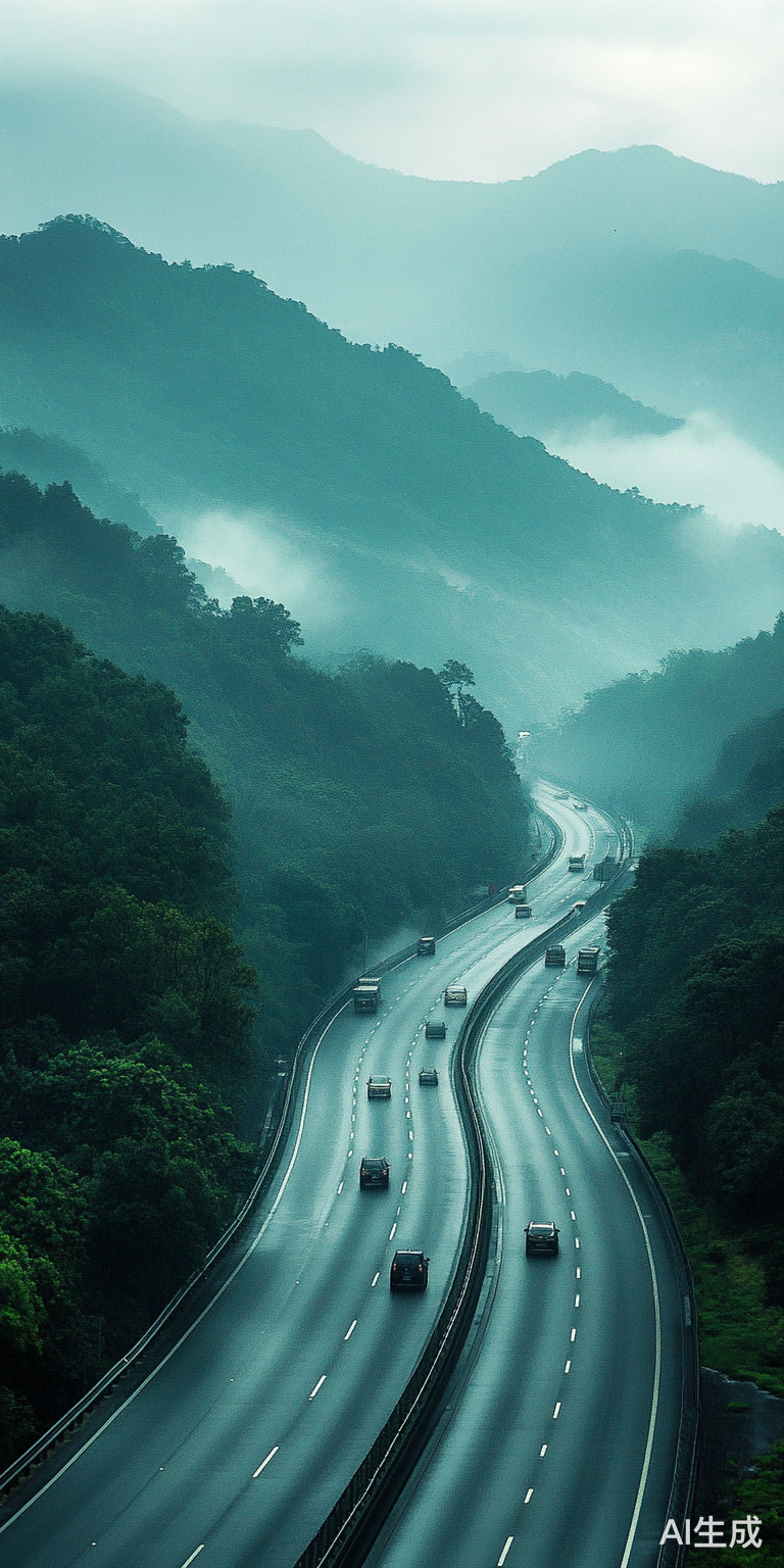 高速公路与烟雾缭绕的山峰和茂盛的树木