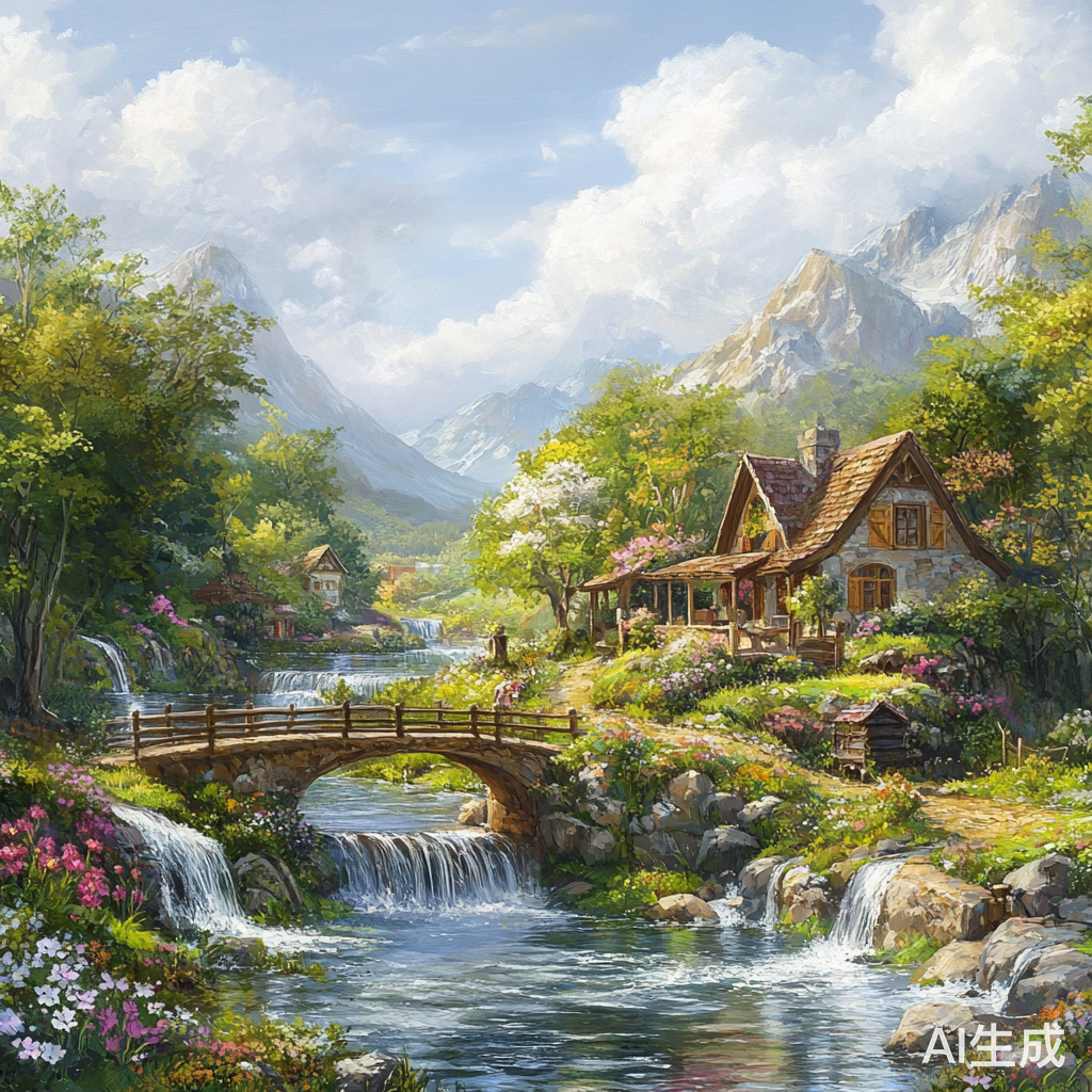 梦幻小木屋与云雾缭绕的山峰风景