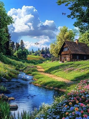 In spring, there is a beautiful view of cottages, green grass and flowers near the river; The forest beauty of blue sky and white clouds; Realistic country house scenes in the countryside; Bright colors, tone, light and shadow, high-definition photography, with ultra-high resolution, high detail, super quality, high definition.