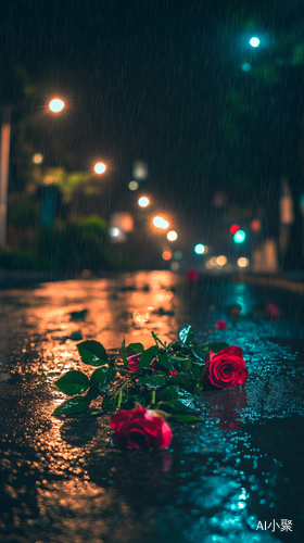 雨夜城市的玫瑰分手孤独情绪的广角摄影