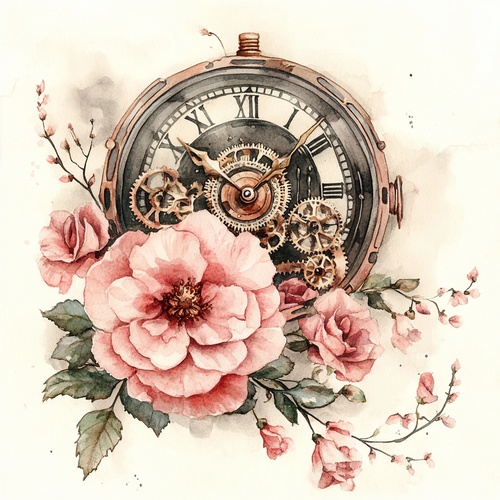 粉色的花,steam punk watercolor Illustration with roses, clock, clockwor