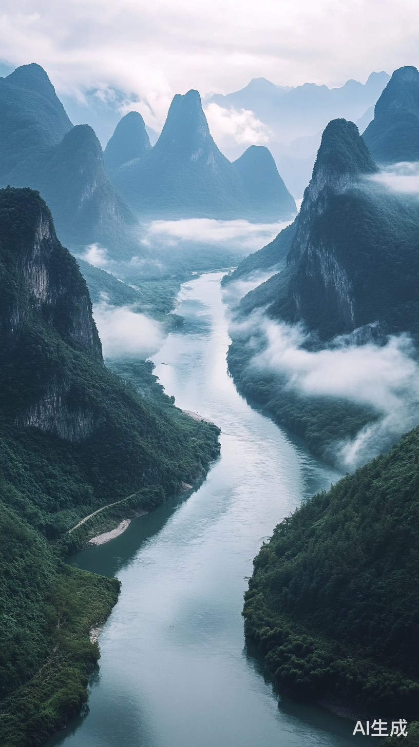 春天环山大河流淌云雾缭绕风景